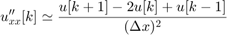 $$u''_{xx}[k] \simeq \frac{u[k+1] - 2 u[k] + u[k-1]}{(\Delta x)^2}$$